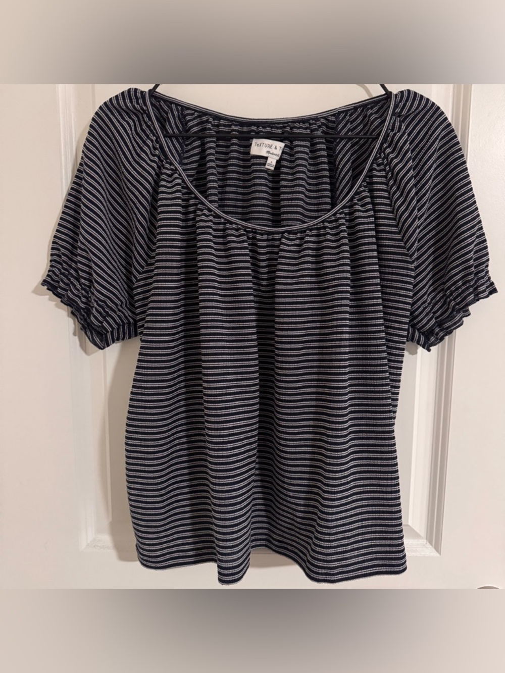 Madewell Texture & Thread Large Navy Striped Puff Sleeve Women's Top